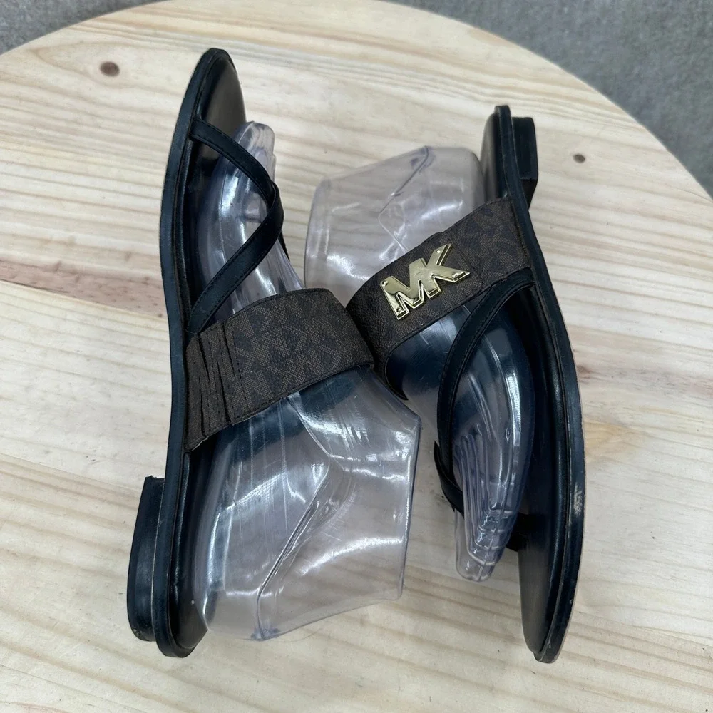 Michael Kors Sidney Flat Sandals Womens 8.5M Brown Black Logo Thong Slide